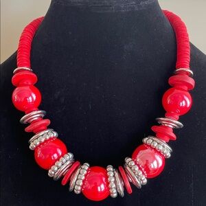 VINTAGE RED BEADED STATEMENT NECKLACE Silver Spacers Chunky Retro Mod